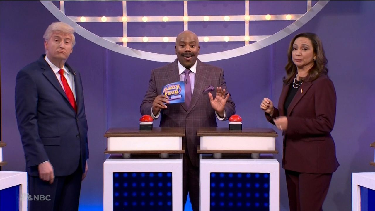 From left: James Austin Johnson as Donald Trump, Kenan Thompson as Steve Harvey and Maya Rudolf as Kamala Harris in a “Family Feud Election Showdown” skit during Saturday Night Live’s cold open on October 12, 2024. 