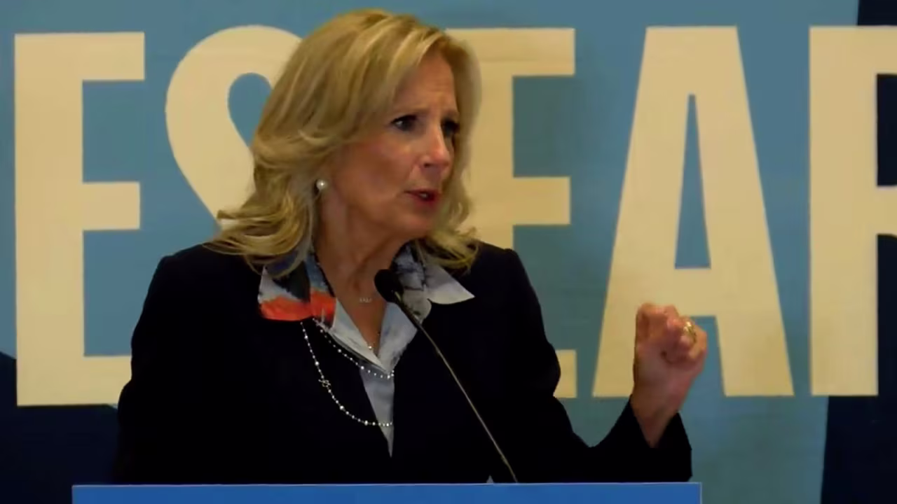 First Lady Dr. Jill Biden speaks at a rally in Yuma, Arizona on October 11, 2024, in this screengrab taken from a video.