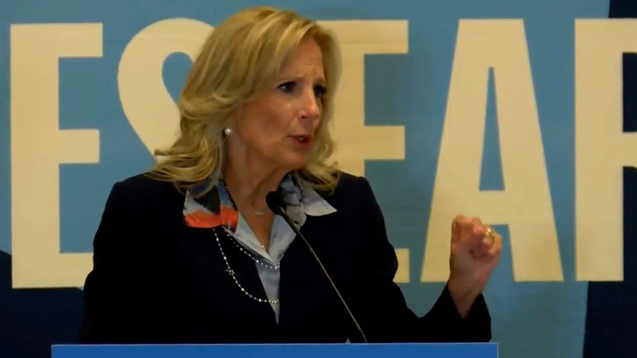 First Lady Dr. Jill Biden speaks at a rally in Yuma, Arizona on October 11, 2024, in this screengrab taken from a video.