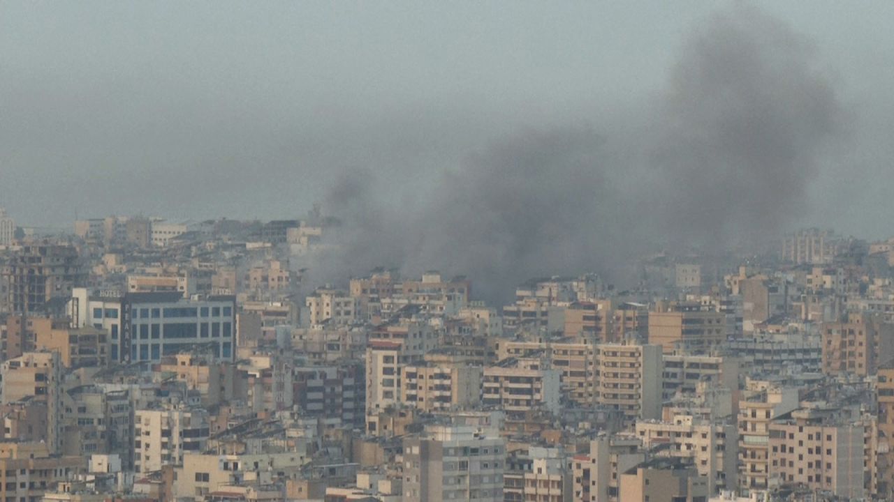 A screengrab taken from a video shows smoke rising from Beirut's southern suburbs on October 16, 2024.