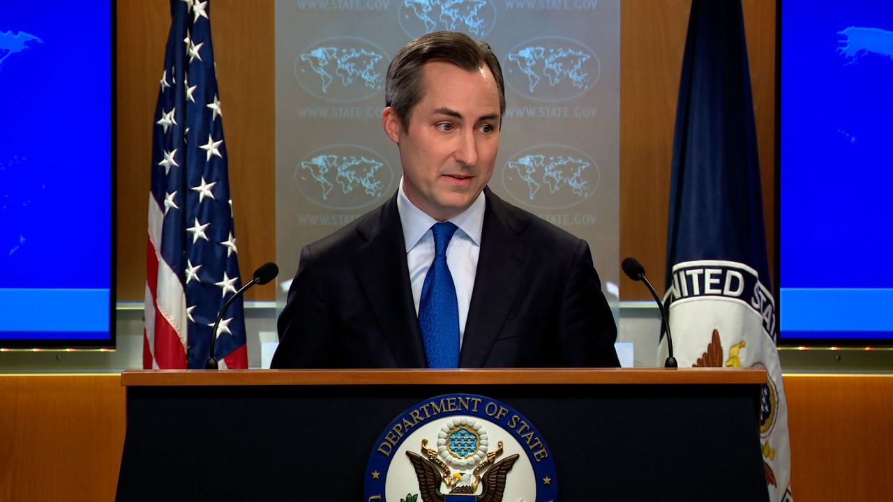 State Department spokesperson Matt Miller speaks during a press briefing on Wednesday in Washington, DC.