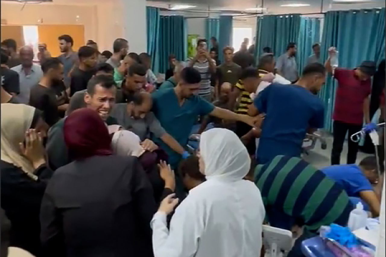 The chaotic scene as casualties arrive at Kamal Adwan Hospital following Israeli strike Thursday, October 17 on aschool in northern Gaza.