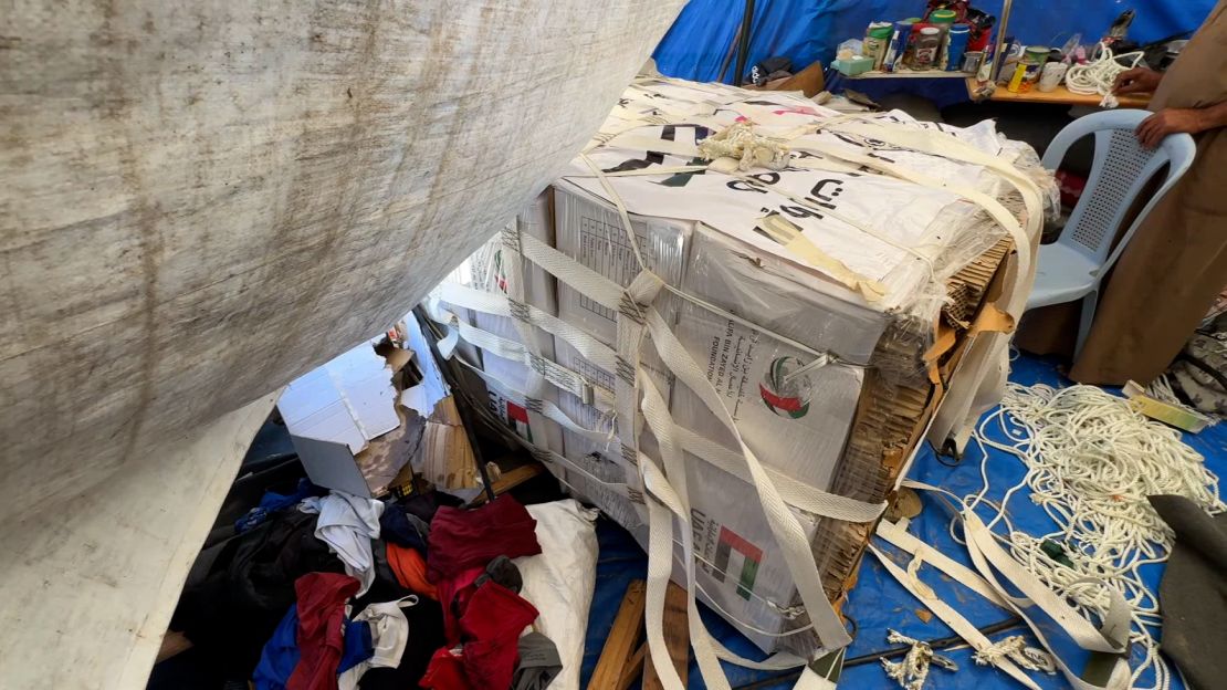 CNN footage from the aftermath of the aid drop shows large pallets with UAE insignia, in Khan Younis, in southern Gaza, on October 19.