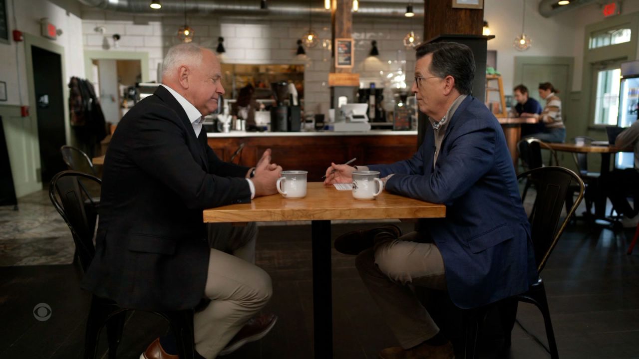 Minnesota Gov. Tim Walz participates in an interview with Stephen Colbert.