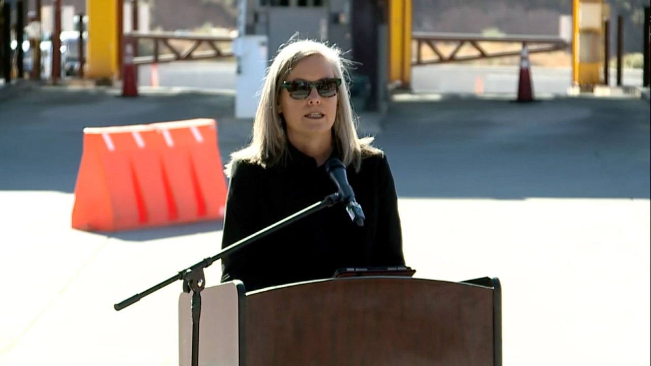 Arizona Gov. Katie Hobbs speaks during a press conference in Nogales, Arizona, on Monday, November 18.