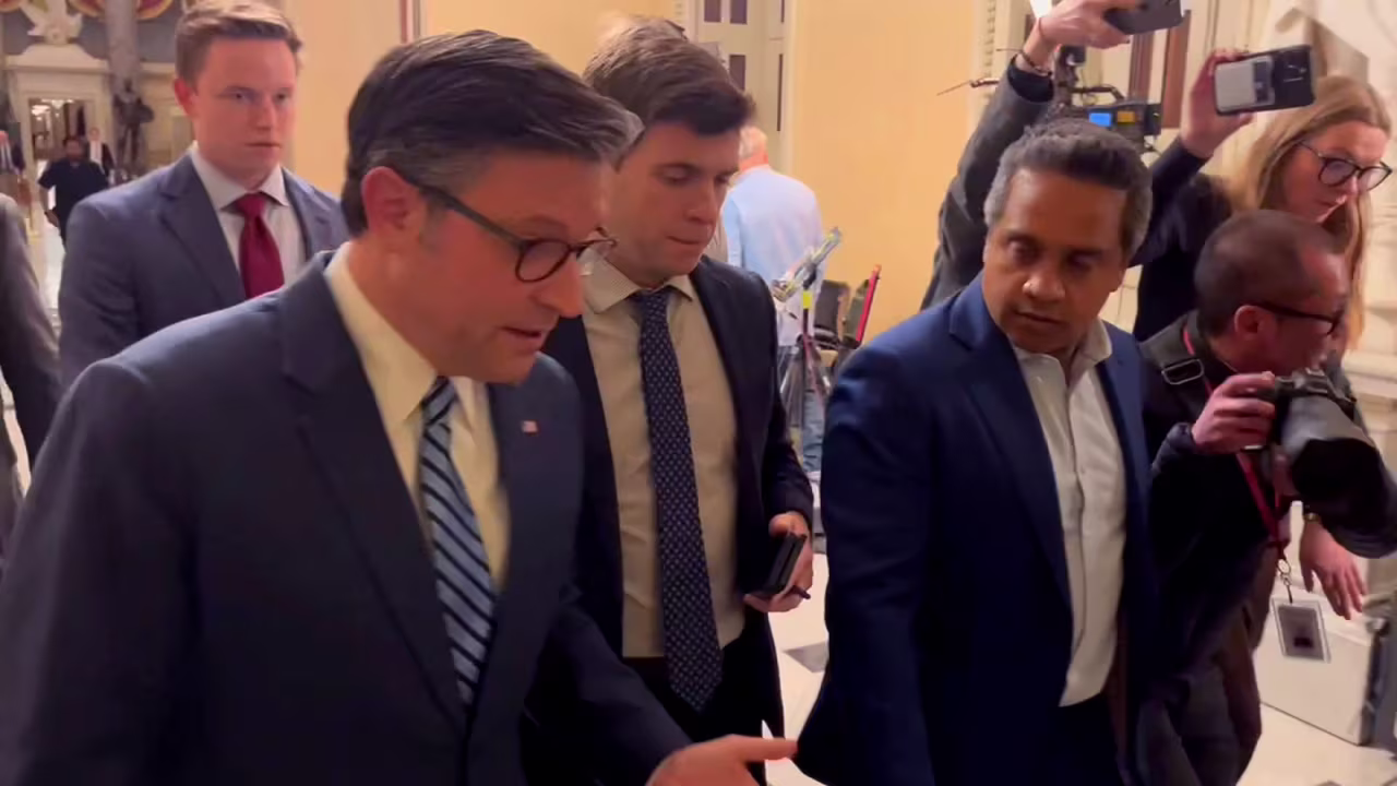 House Speaker Mike Johnson answers a question from CNN's Manu Raju on Monday, November 18.