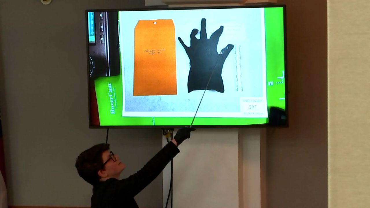 Katrina Ostapovicz, a forensic serologist with the Georgia Bureau of Investigation crime lab, points to areas of a black disposable glove in a state exhibit in court on November 19 in Athens, Georgia.