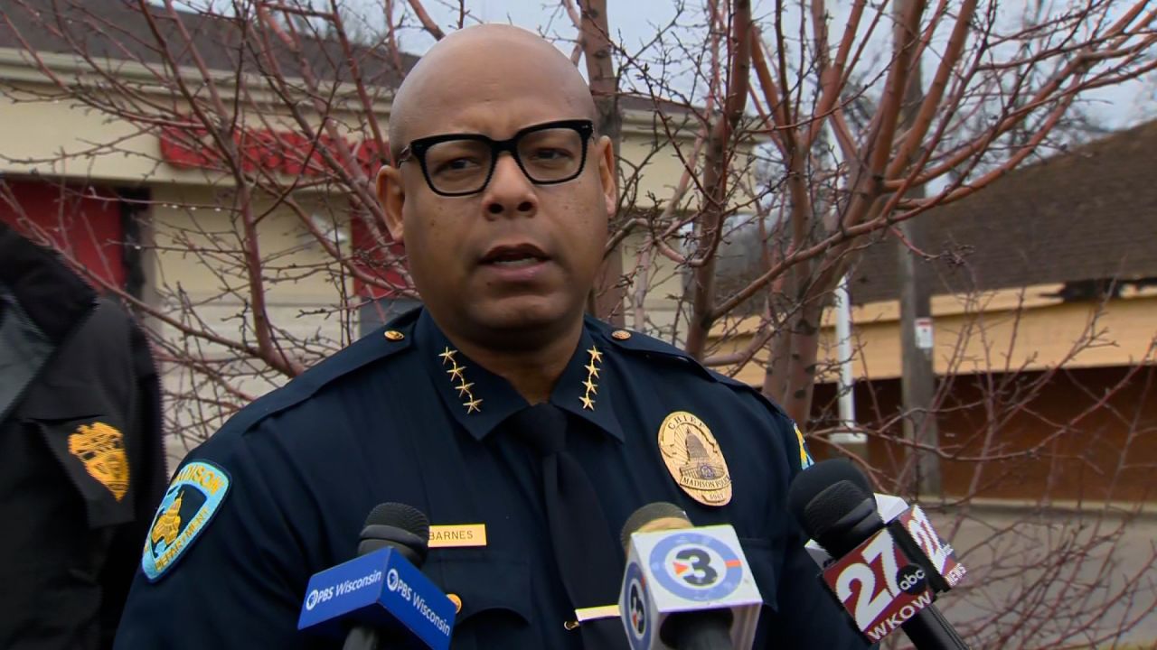 Madison, Wisconsin, Police Chief Shon Barnes speaks during a press conference following a shooting at Abundant Life Christian School on Monday.