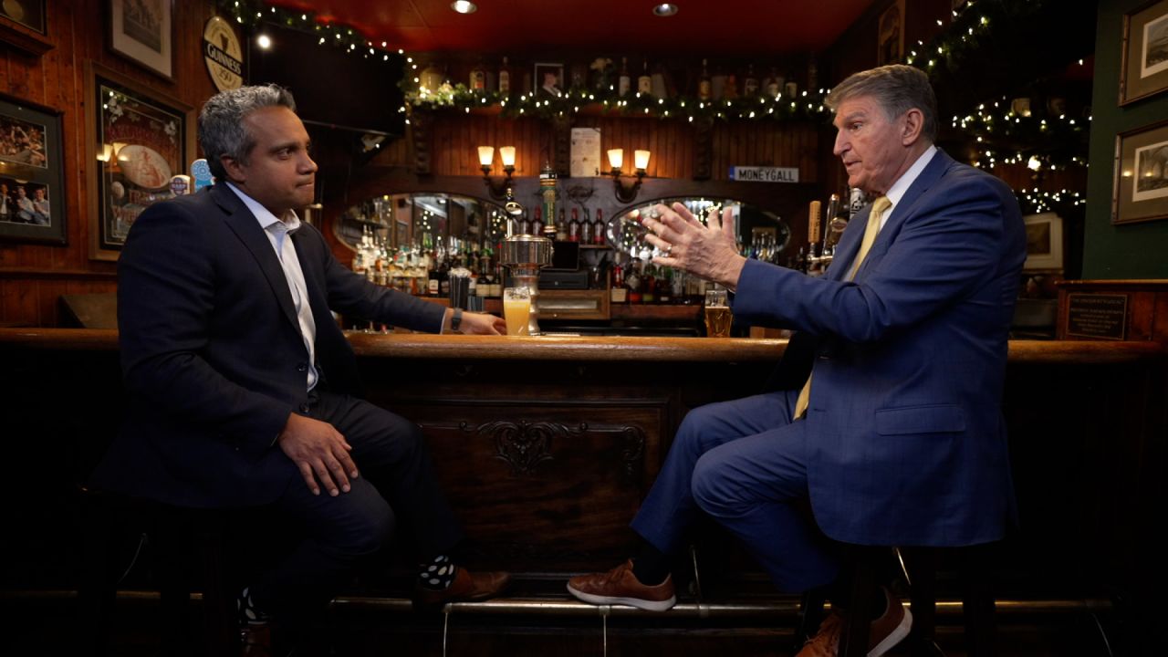 Senator Joe Manchin is interviewed by Manu Raju at the Dubliner in Washington, DC on December 19, 2024.