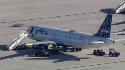 The JetBlue plane, where two people were found dead in the wheel well, is seen in at Fort Lauderdale-Hollywood International Airport in Florida on January 7, 2025.