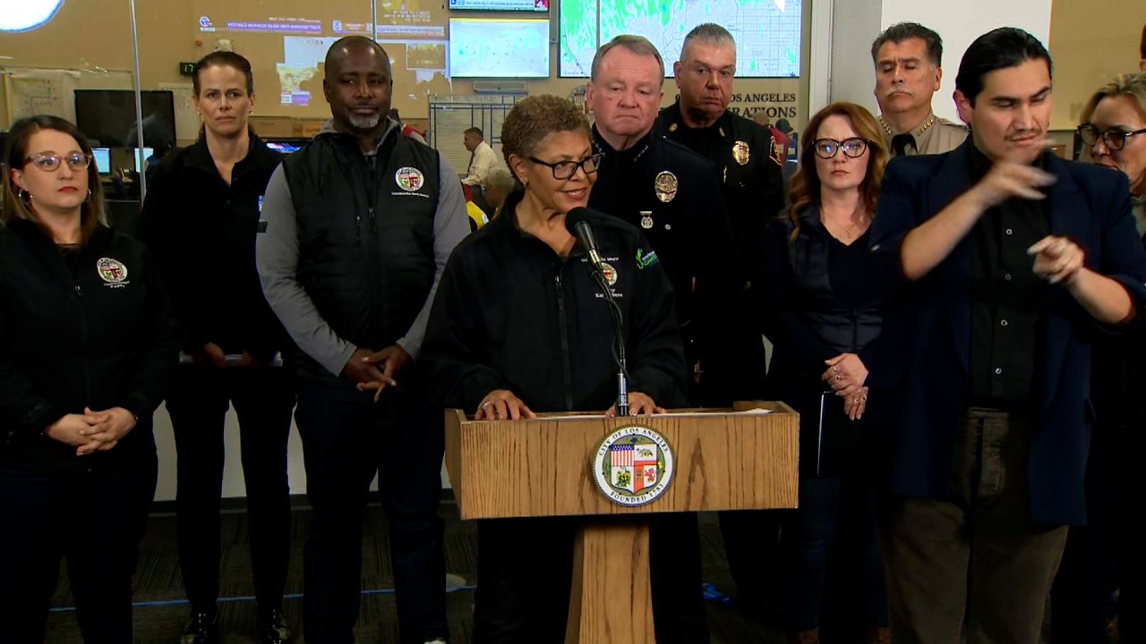 Los Angeles Mayor Karen Bass speaks at a press conference about the wildfires on January 8.