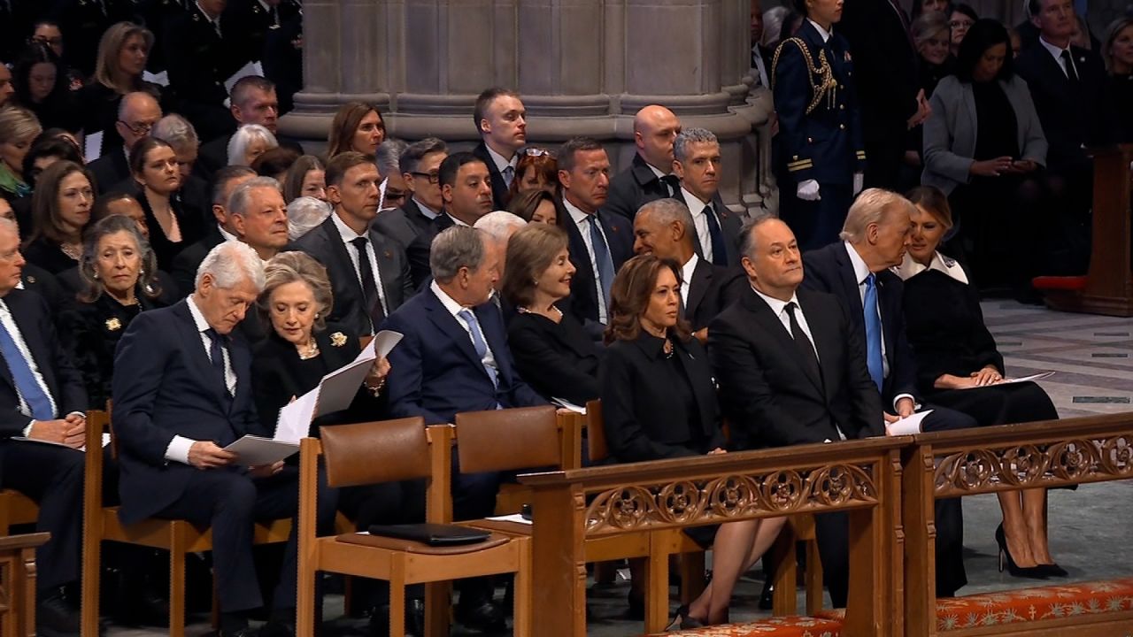 Former President Bill Clinton, former Secretary of State Hillary Clinton, former President George W. Bush, former first lady Laura Bush, former President Barack Obama, President-elect Donald Trump, former first lady Melania Trump, Vice President Kamala Harris and second gentleman Doug Emhoff sit ahead of Carter's funeral.