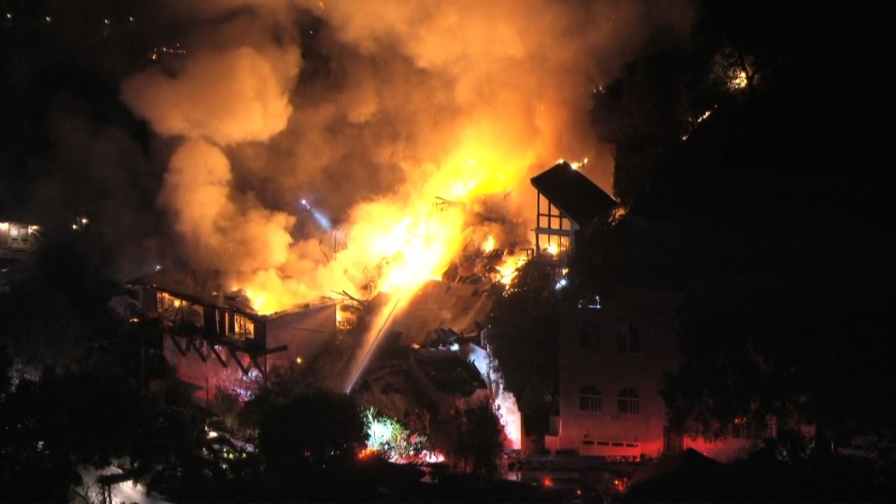 A building goes up in flames in the Studio City neighborhood, northwest of Hollywood, Los Angeles, California.