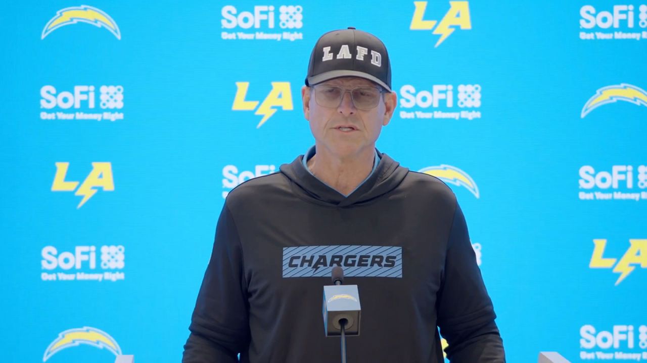 Los Angeles Chargers Head Coach Jim Harbaugh speaks during a news conference on Thursday.