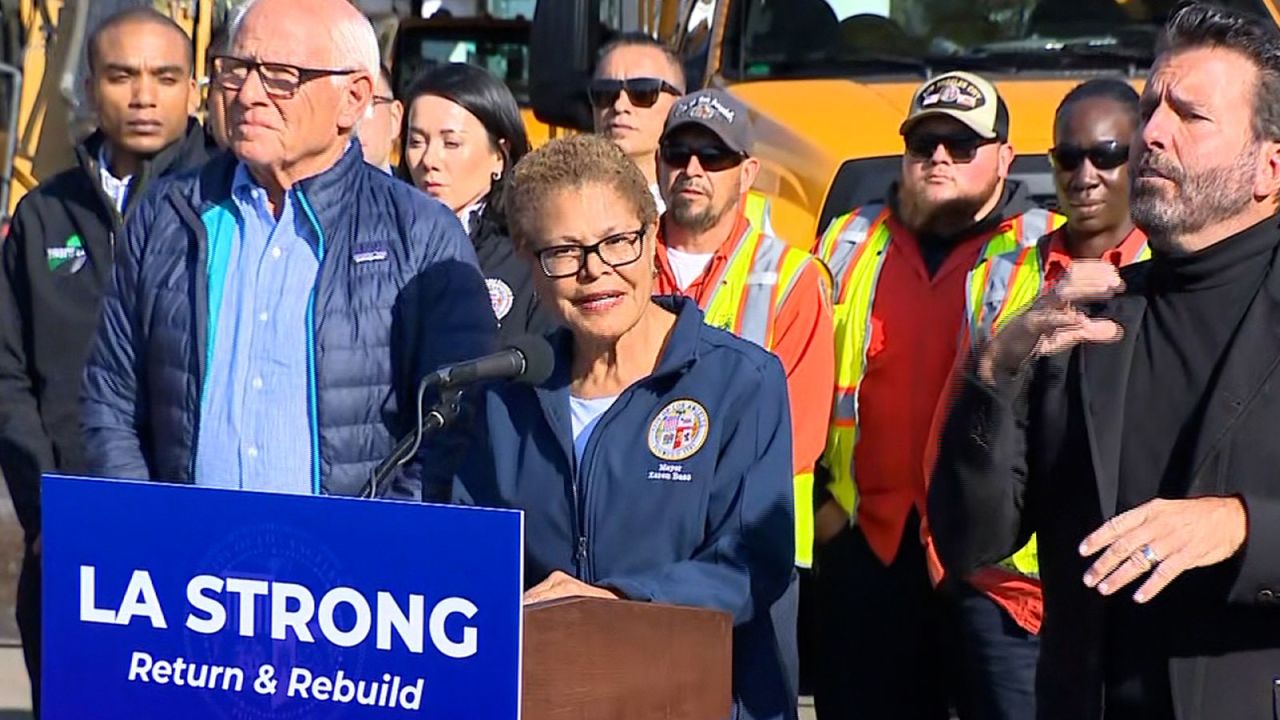 Los Angeles Mayor Karen Bass, speaks during a press conference on Friday.