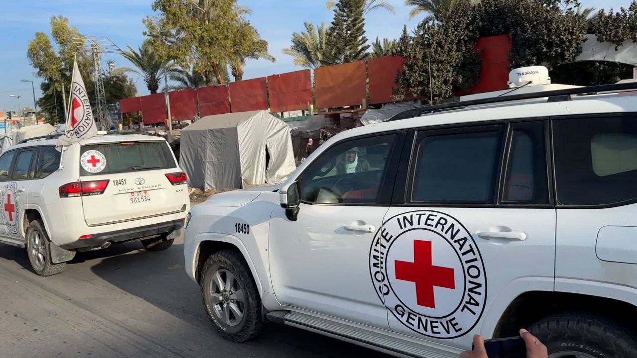 CNN footage from central Gaza shows an International Committee of the Red Cross convoy in Gaza on Sunday.