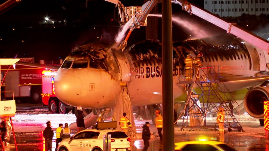 The aftermath of the plane fire at Gimhae International Airport in Busan, South Korea on January 28, 2025