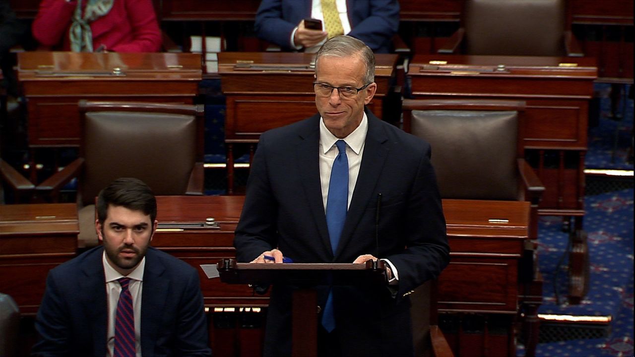 Senate Majority Leader John Thune speaks on the Senate floor on Thursday.