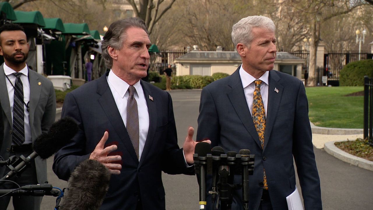 Interior Secretary Doug Burgum, left, and Energy Secretary Christ Wright speak to members of the media on Wednesday.