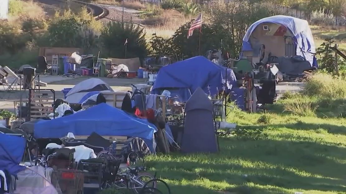 Homeless encampments are seen in Fremont, California on February 12, 2025.