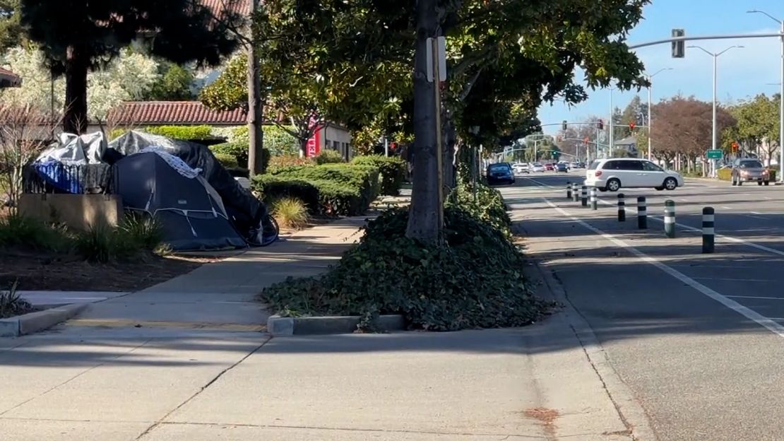 Homeless encampments are seen in Fremont, California on February 12, 2025.