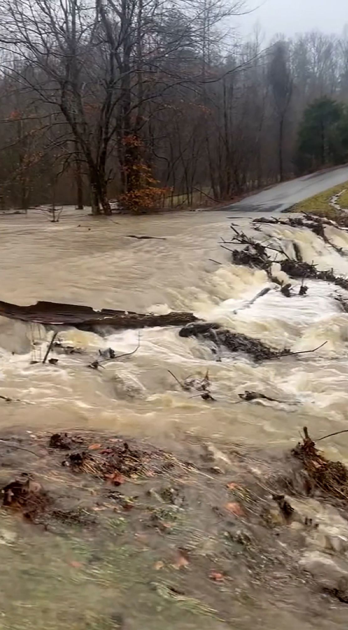 A still from a video shows a flooded road in Adair County, Kentucky, on Saturday, February 15, 2025.