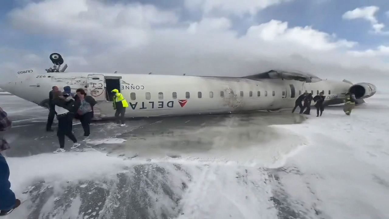 A still from a video shows a plane upside down at Canada’s Toronto Pearson Airport on Monday, February 17, 2025.