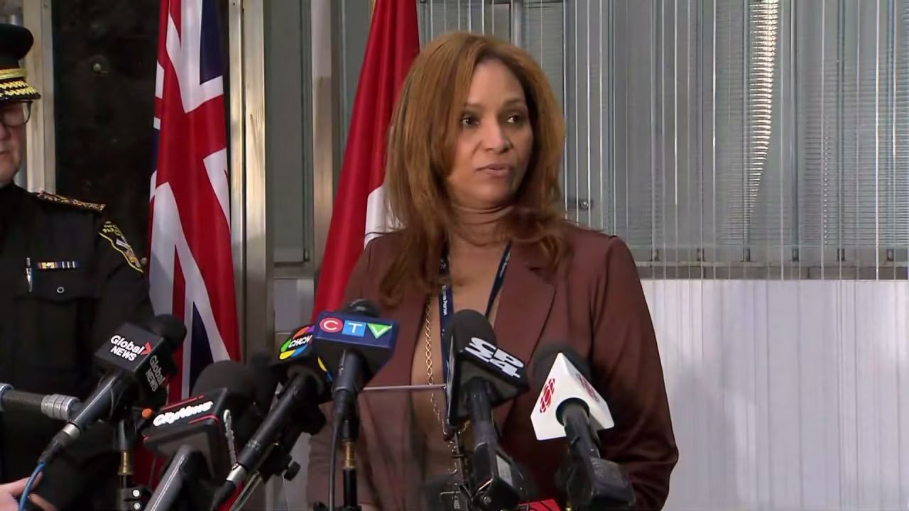 Deborah Flint, the president and CEO of Toronto Pearson International Airport, speaks at a news conference in Toronto on Monday.