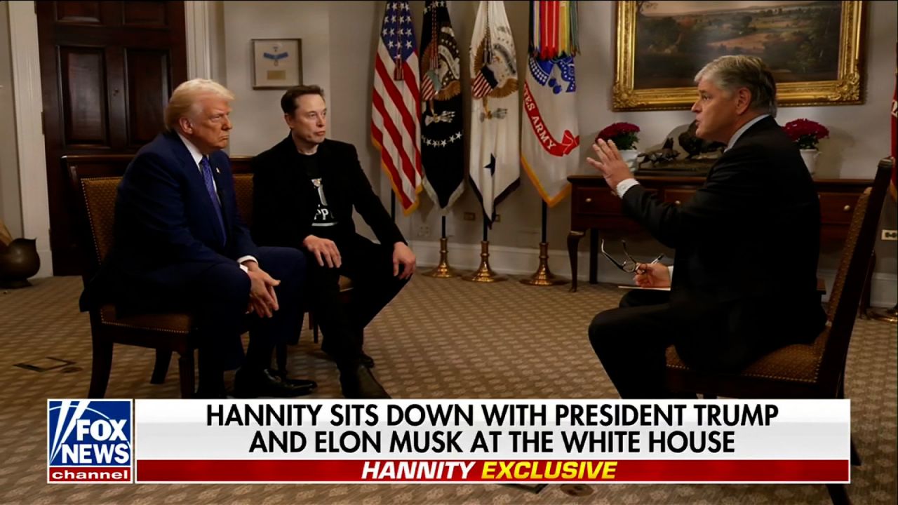 President Donald Trump and Elon Musk speak with Sean Hannity during an interview with Fox News on Tuesday.