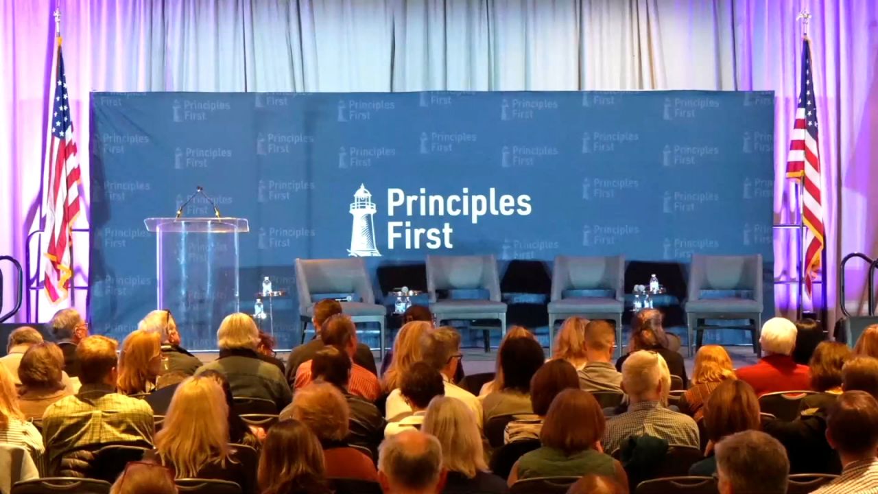 A still from a livestream shows people attending the Principles First Summit in Washington, DC, on February 23, 2025.