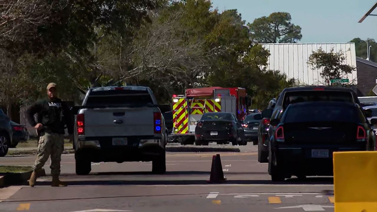 First responders arrive at Naval Air Station Pensacola Corry Station on March 6, 2025.