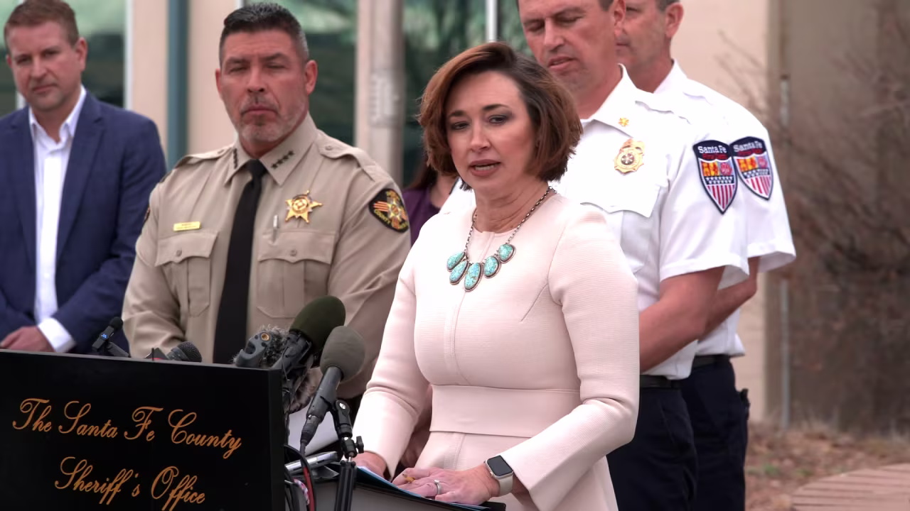 Dr. Heather Jarrell, chief medical examiner, speaks during a press conference in Santa Fe, New Mexico, on Friday.