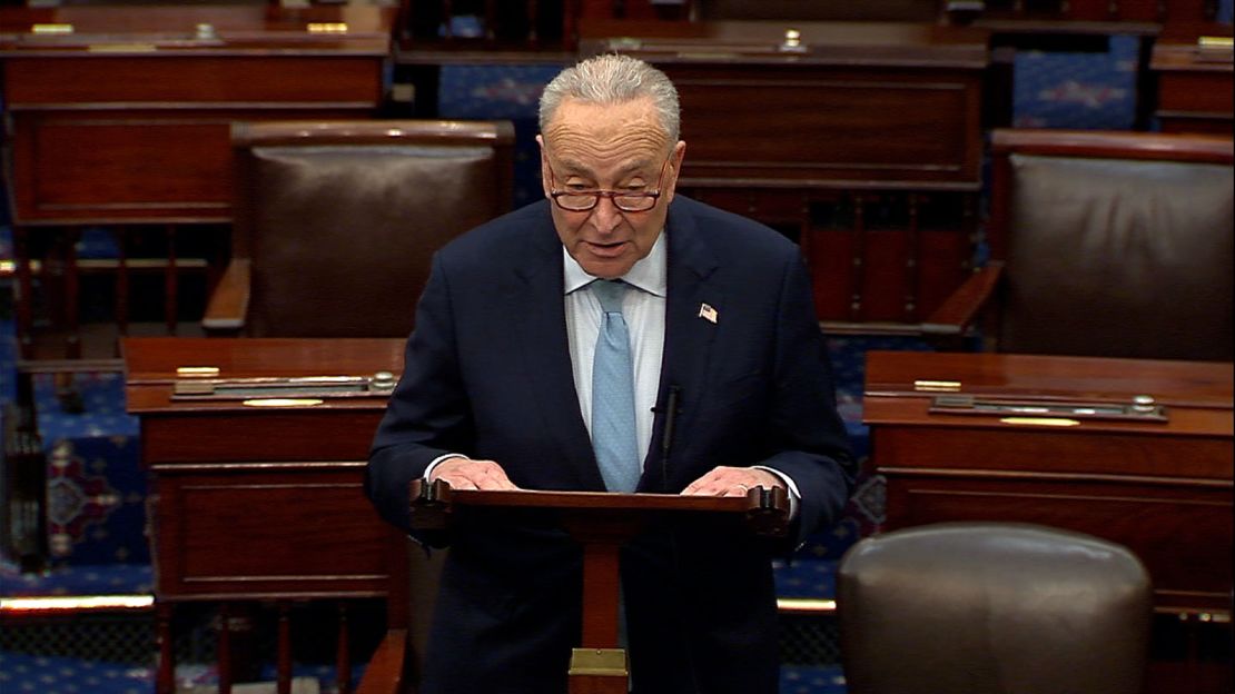 Senate Minority Leader Chuck Schumer speaks on the Senate floor on Wednesday.