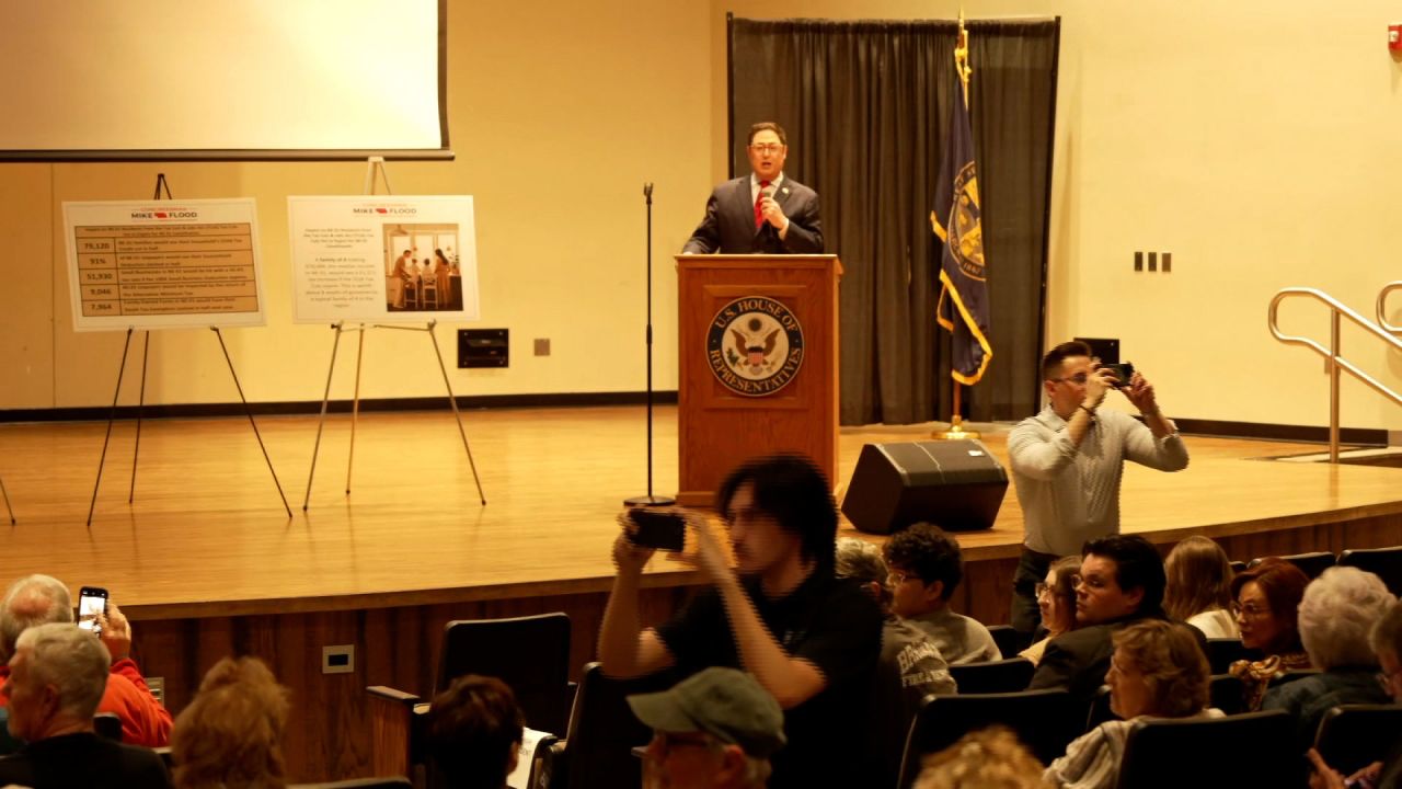 Nebraska GOP Rep. Mike Flood speaks during a town hall in Columbus, Ohio, on Tuesday, March 18, 2025. 