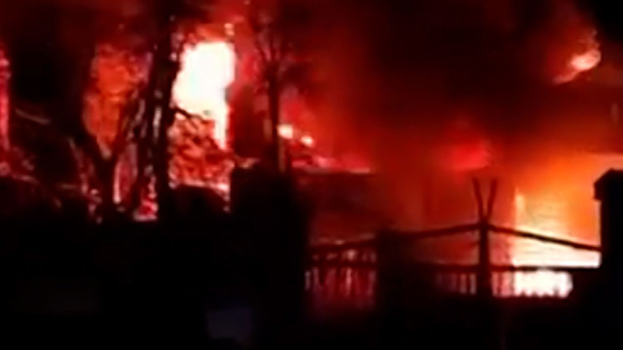 A frame from a Ukrainian Railways' video shows a fire burning after Russia reportedly carried out a missile strike on railway infrastructure in the Dnipropetrovsk region of Ukraine.