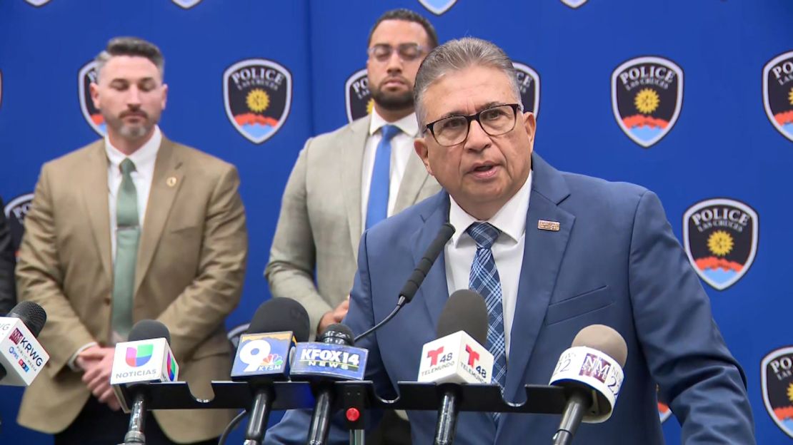 Las Cruces Mayor Eric Enriquez speaks about an overnight shooting at a press conference on Saturday, March 22, in Las Cruces, New Mexico.