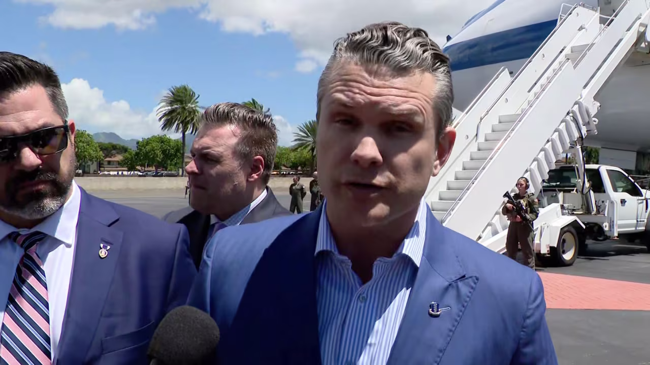 Defense Secretary Pete Hegseth speaks with reporters on Monday.