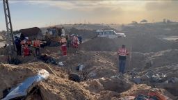 Photo shows rescue operations to recover the bodies of 15 aid workers, in southern Rafah, on March 27, 2025.