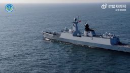 This screenshot from a video of the drills released on April 1, 2025 by China's military shows a Type 054A frigate of the People's Liberation Army Navy.
