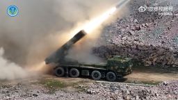 A video released by the Chinese military's Eastern Theater Command on April 2, 2025 shows a rocket artillery system firing in live-fire drills.