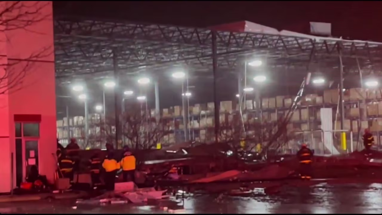 This screengrab taken from a video shows damage at a warehouse in Brownsburg, Indiana, following Wednesday night's storm.