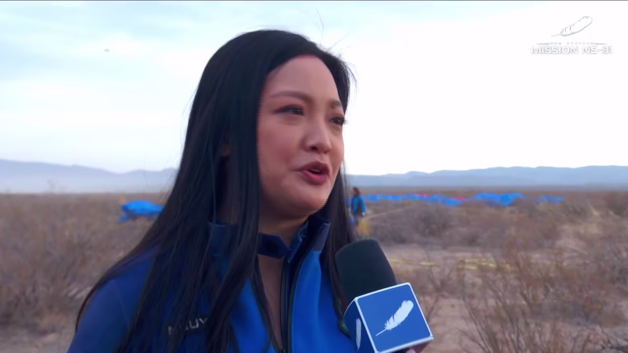 In this screenshot from video, Amanda Ngyuen speaks about her experience aboard the Blue Origin New Shepard flight in West Texas on Monday.