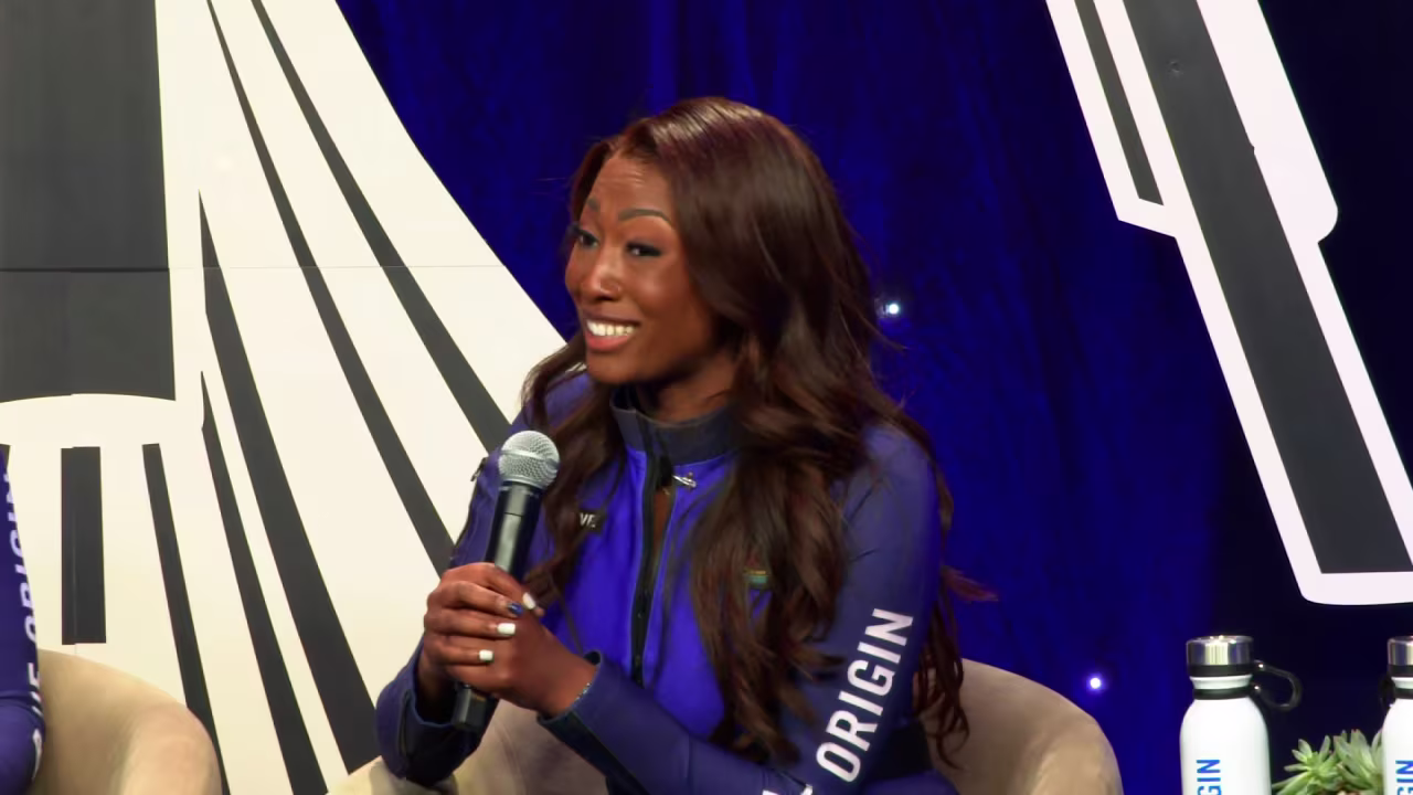 In this screenshot from video, Aisha Bowe speaks to the press after the Blue Origin New Shepard flight in West Texas, on Monday.