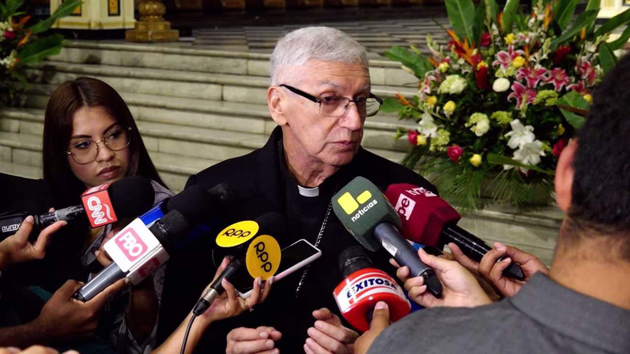 Carlos Castillo, Archbishop of Lima, talks about the conclave to elect the successor of Pope Francis with reporters on Monday in Lima, Peru.