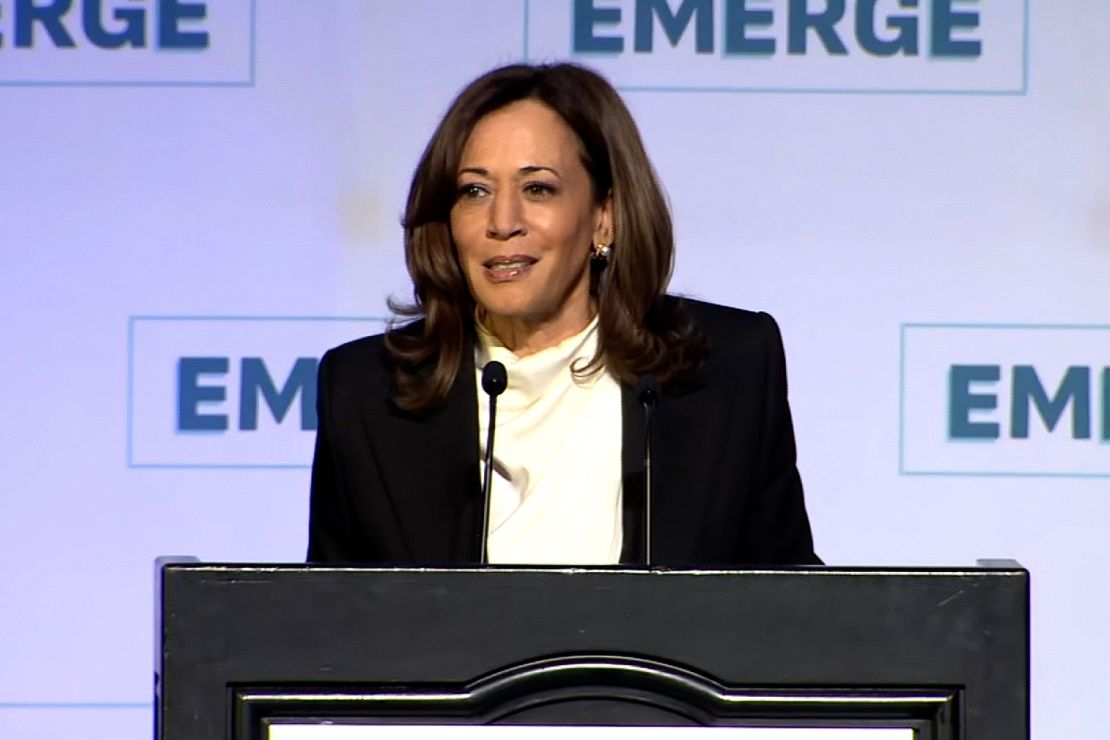 Kamala Harris speaks at the 20th anniversary gala for Emerge America at the Palace hotel in San Francisco on April 30, 2025.