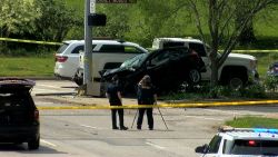 This screengrab taken from a video shows law enforcement working the scene where officials say a man intentionally struck an Ohio sheriff’s deputy in Cincinnati, Ohio, on Friday, May 2, 2025. The suspect is the father of a teenager who had been fatally shot by police the day prior.