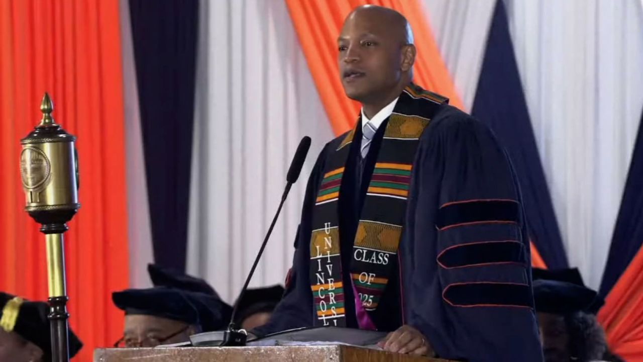 Maryland Gov. Wes More delivers a commencement address at Lincoln University in Pennsylvania on May 4, 2025.