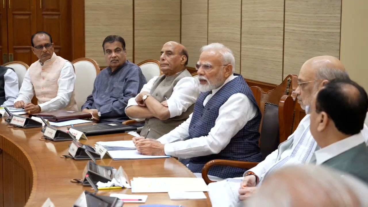 Indian Prime Minister Narendra Modi holds a high-level meeting in New Delhi, India, on Wednesday, in this screengrab taken from a video.