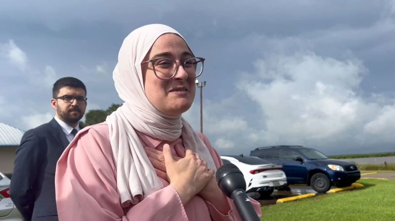 Rümeysa Öztürk speaks to members of the press and others gathered outside the Louisiana detention center where she was held.