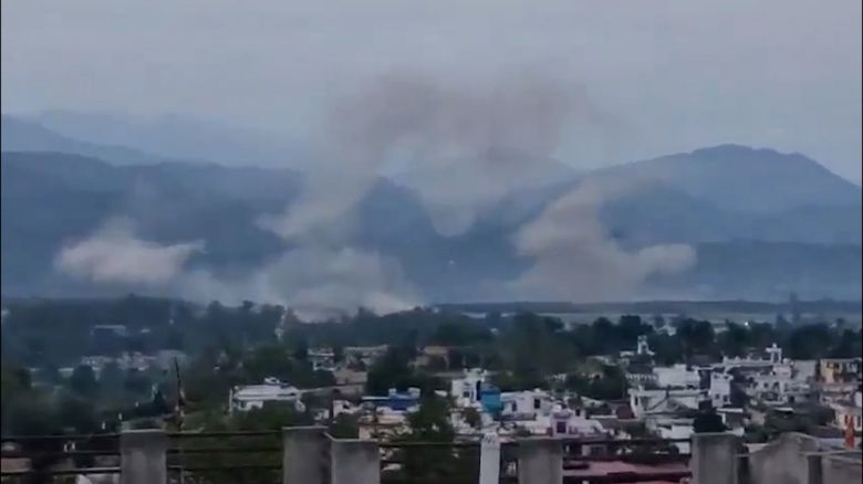 Smoke seen above an Indian military base in Udhampur, India-administered Kashmir, on May 10, 2025.
